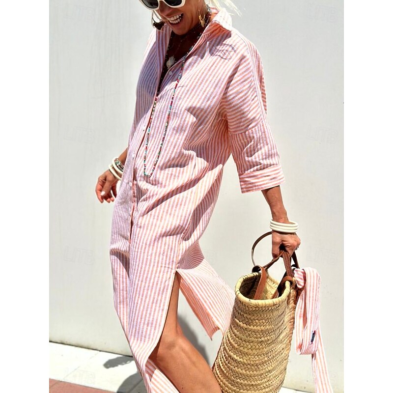 Women's Shirt Dress Geometric Stripe Button Print V Neck Long Dress Maxi Dress Elegant Daily Half Sleeve Winter3