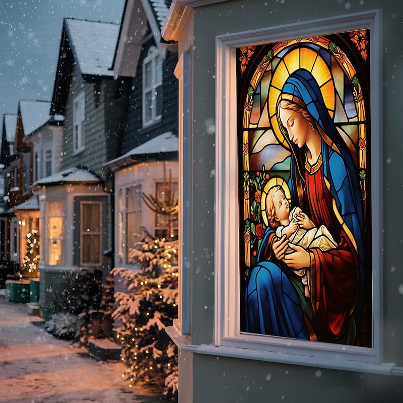 Christmas Window Cover Decorations, Fabric Stained Glass Nativity Scene Curtain Movie Poster Window Door Covering Decor for Christmas House, Window Clings Decals Indoor Outdoor2