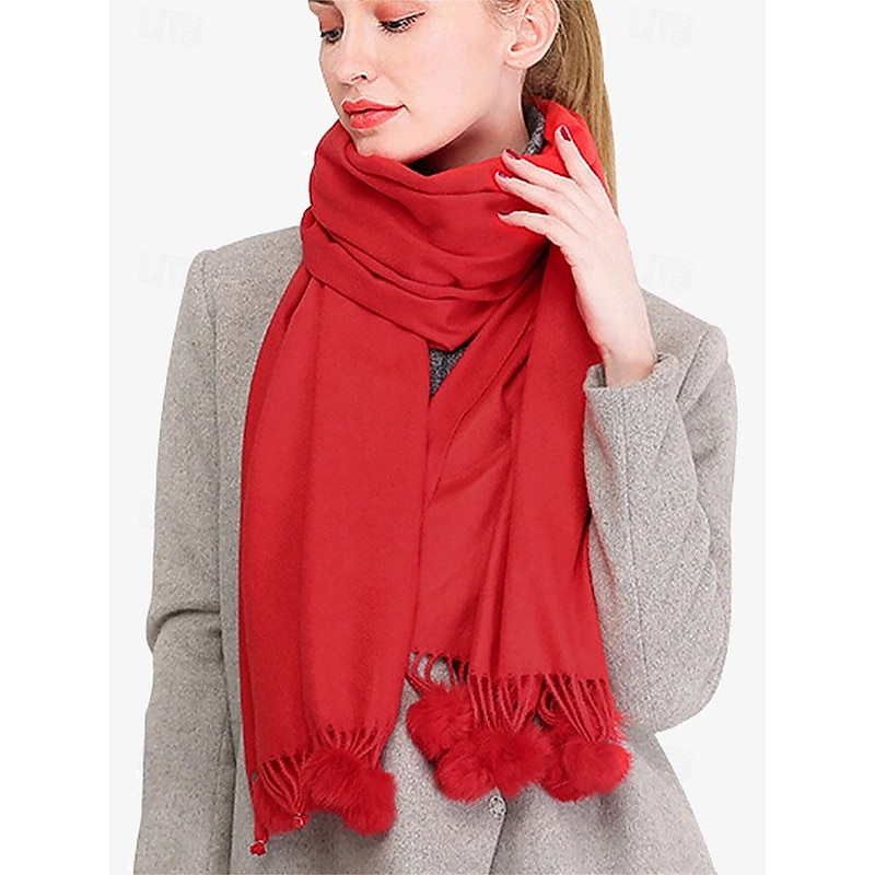 Women's Red Winter Scarf with Pom Pom Tassels – Cozy and Stylish Wrap for Cold Weather and Holiday Outfits