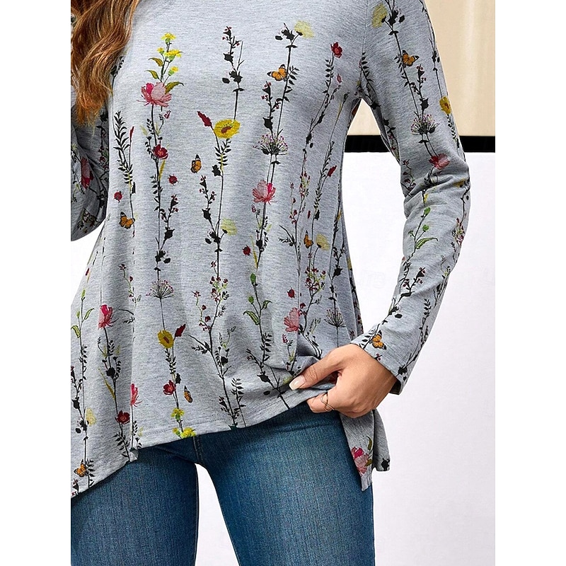 Women's Tunic T Shirt Floral Casual Long Sleeve Crew Neck Regular Tops Daily Print Asymmetrical Gray Spring &  Fall3