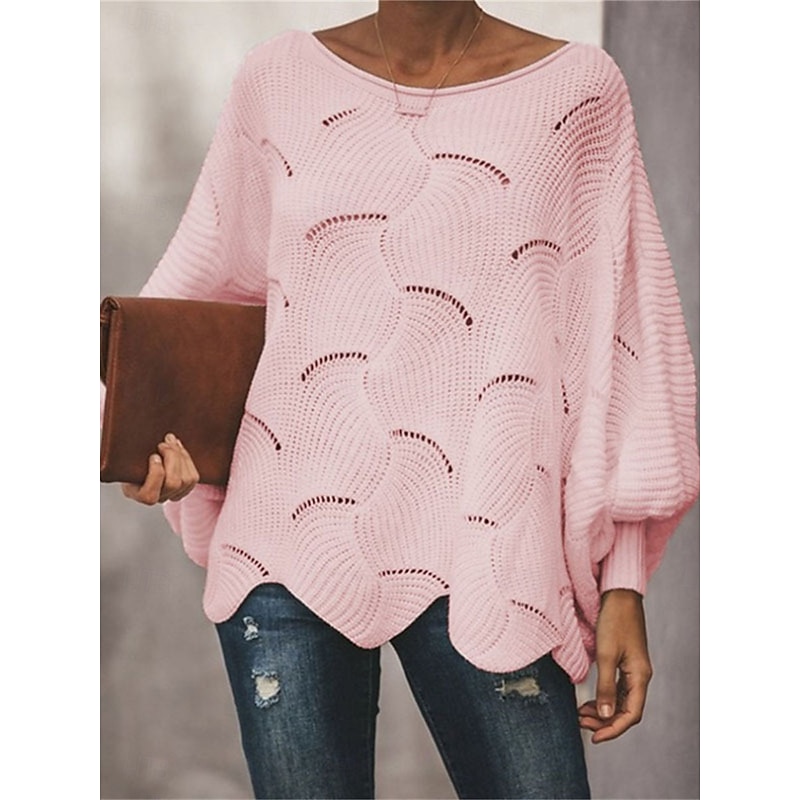 Women's Sweater Pullover Sweater Jumper Casual Soft Pure Color Ribbed Crew Neck Hollow Out Knitted Long Sleeve Regular Tops Knit Outdoor Daily Weekend White Pink Fall Winter