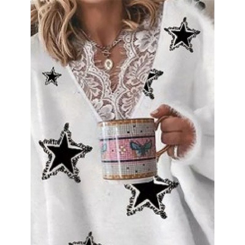 Women's  Sweater Pullover Fuzzy Jumper V Neck Ribbed Knit Lace Knitted Print Fall Winter Outdoor Daily Weekend Casual Soft Long Sleeve Star White Pink2