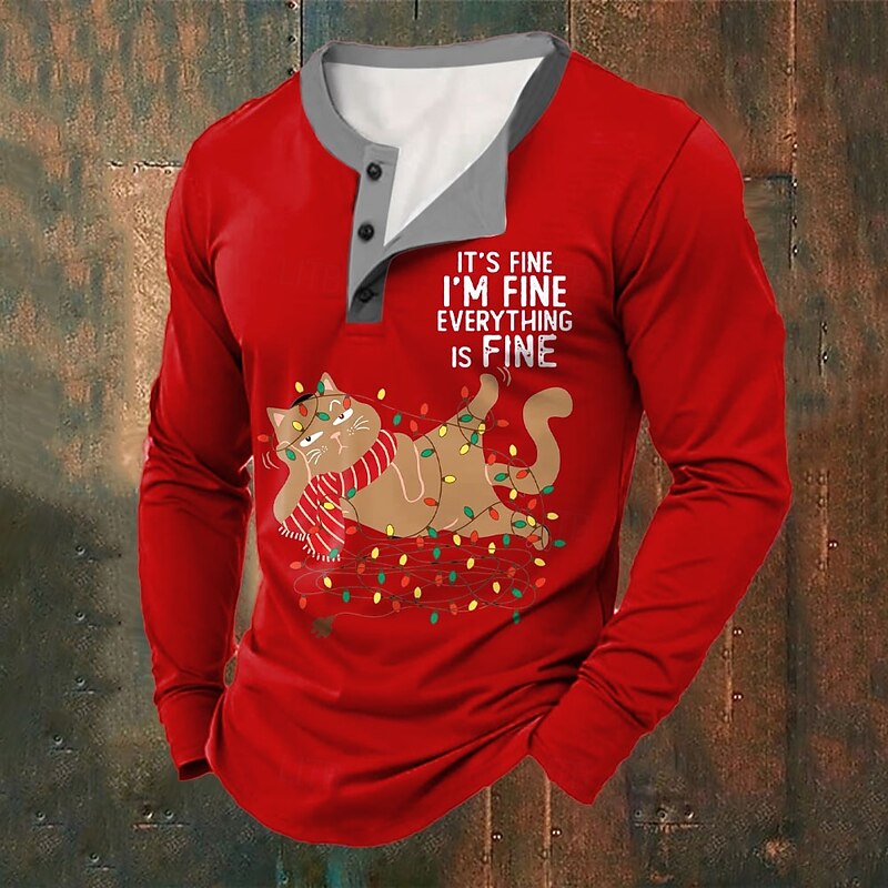 Christmas Men's Funny Christmas Henley T Shirt Cat Fashion Casual Print Henley Party Street Daily Red Green Long Sleeve Henley Winter Spring &  Fall Clothing Apparel Normal S M L XL XXL XXXL4
