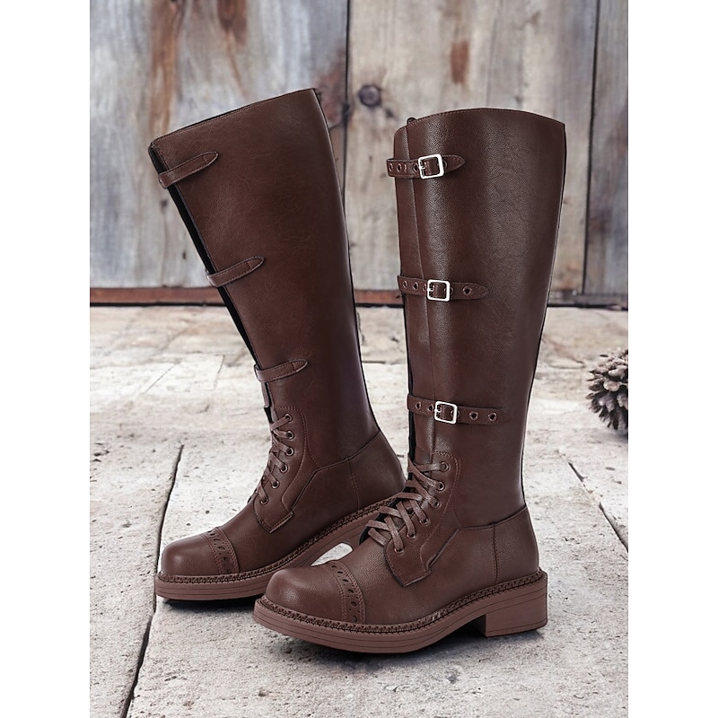 Women's Wide-Calf Lace-Up Combat Boots with Buckle Straps, Rugged Sole - Comfortable & Stylish for Casual and Outdoor Wear