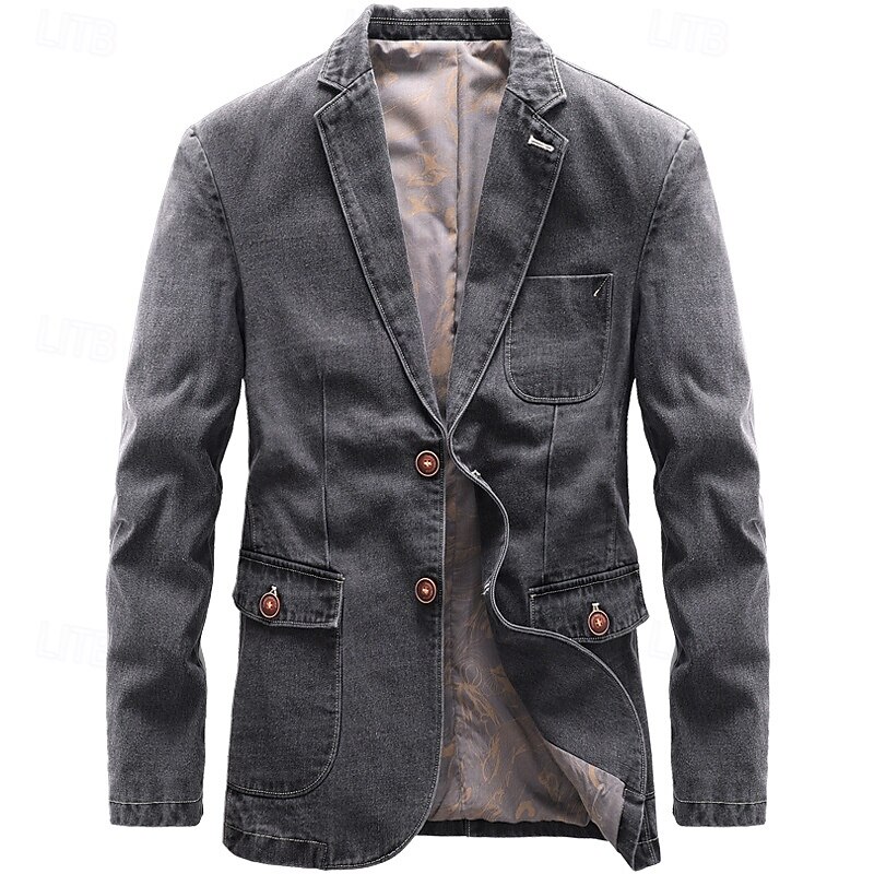 Men's Blazer Denim Jacket Vacation Casual Daily Wear Fashion Casual Spring &  Fall Polyester Denim Pocket Buttons Comfortable Single Breasted Blazer Black Grey
