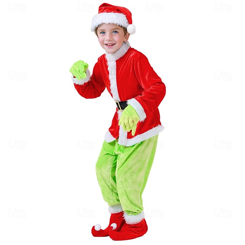 Santa Suit Outfits Christmas Dress Cosplay Costumes Boys' Girls' Christmas Cosplay Costume Kid's Christmas Carnival Masquerade Christmas Party Top Pants Gloves Belt Shoes