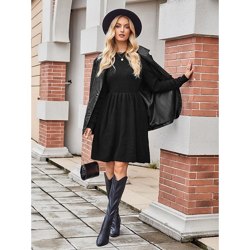 Women's Sweater Mini Dress Crew Neck Knit Knitted Fall Winter Party Elegant Fashion Daily Long Sleeve Solid Color Black Khaki4