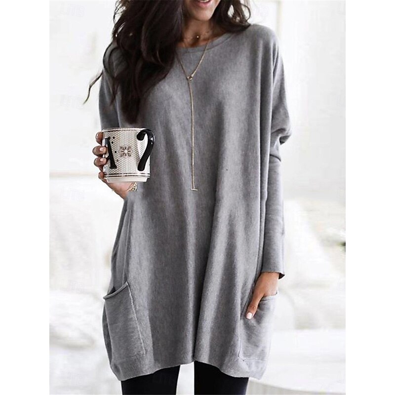 Women's Casual Dress Mini Dress Pocket Casual Crew Neck Long Sleeve Red Navy Blue Gray Color2