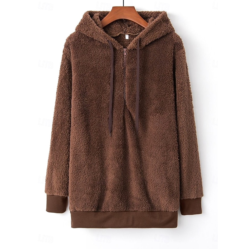 Women's Hoodie Sweatshirt Casual Sherpa Plain Street Dailywear Hoodie Zipper Pocket Long Sleeve Wine Brown Green Fall Winter2