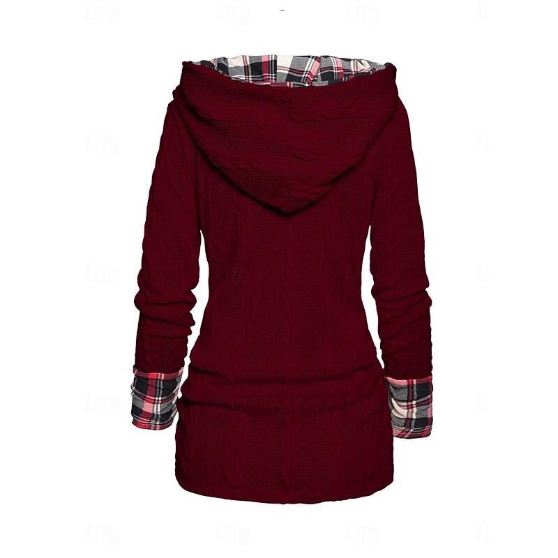 Women's Sweater Pullover Sweater Jumper Casual Soft Plaid Ribbed Hooded Patchwork Knitted Long Sleeve Regular Tops Knit Outdoor Daily Weekend Wine Beige Fall Winter 6