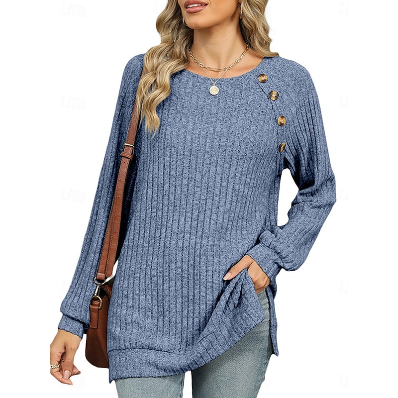 Women's T Shirt Plain Fashion Modern Casual Long Sleeve Crew Neck Regular Tops Daily Weekend Buttons Pink Blue Green Khaki Fall Winter 15