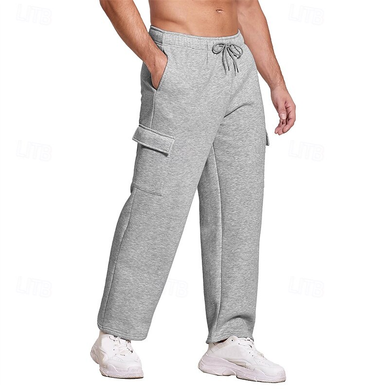 Men's Sweatpants Joggers Trousers Cargo Sweatpants Straight Leg Sweatpants Drawstring Elastic Waist Multi Pocket Plain Comfort Warm Full Length Outdoor Casual Daily Sports Fashion Black Light Grey2