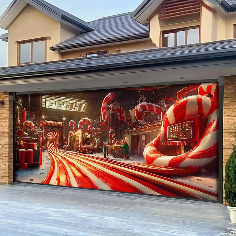 Christmas Door Decorations Garage Door Cover Xmas Candy Canes Gifts Gingerbread Outdoor Banner Large Christmas Backdrop for Holiday Outdoor Garage Door Home Wall Decorations 14