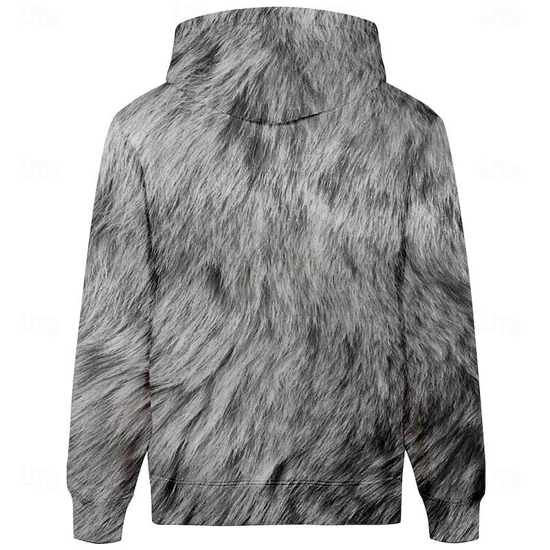 Men's Wolf Hoodie Hoodies Sweatshirt Daily Casual Long Sleeve Hooded Vacation Sports Outdoor Streetwear Gray Print Front Pocket Spring &  Fall Designer2