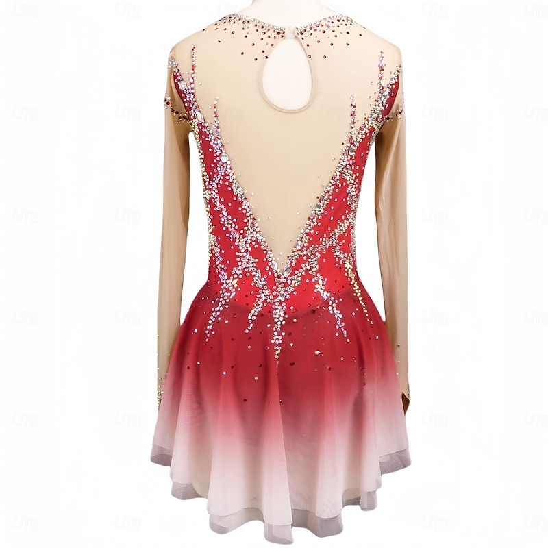 Figure Skating Dress Women's Girls' Ice Skating Dress Red Thumbhole Halo Dyeing Mesh Spandex Stretchy Training Practice Professional Skating Wear Thermal Warm Classic Crystal / Rhinestone Long Sleeve2