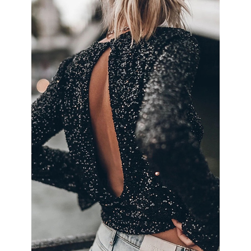 Women's Shirt Sequin Sparkly Party Solid Color Basic Casual Long Sleeve Crew Neck Regular Tops Party Sequins Backless Silver Black Fall Winter4