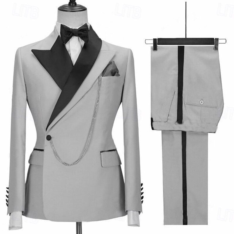 Men's Wedding Party Suits Black White Fashion Business Solid Colored Tailored Fit 2 Piece Single Breasted One-button3