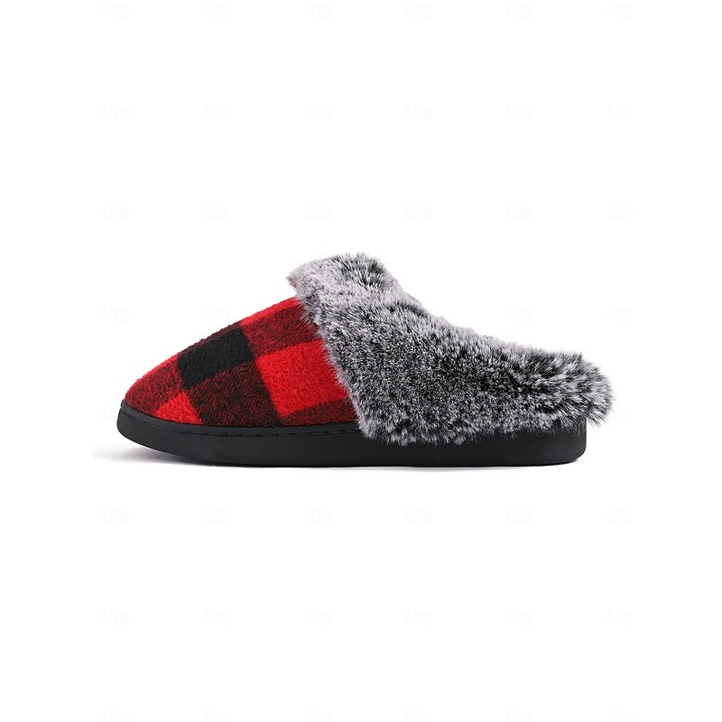 Women's Cozy Fleece-Lined Plaid Slippers - Red and Black Buffalo Check House Shoes with Faux Fur Collar for Winter Comfort4
