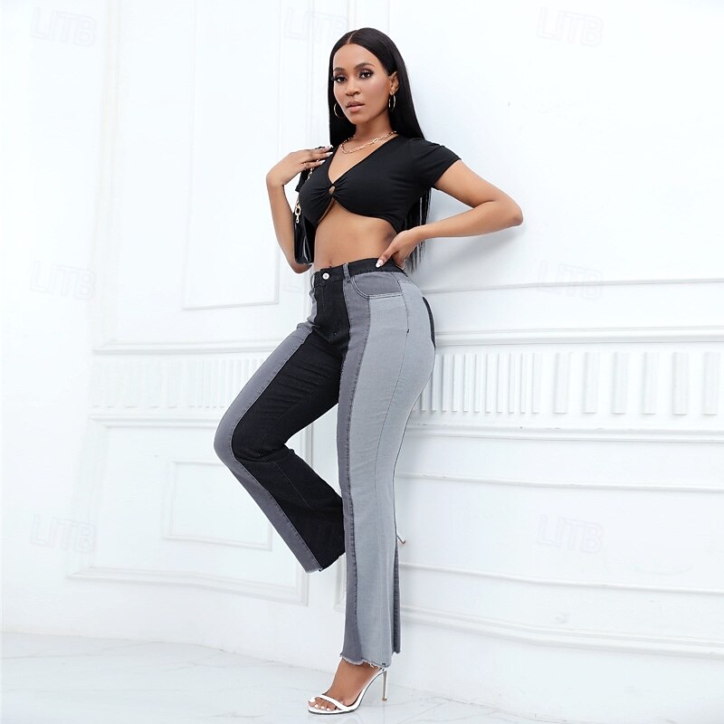 Women's Normal Jeans Streetwear Stylish Full Length High Waist Color Block Patchwork Breathable Soft Comfortable Micro-elastic Daily Going out Black Blue Spring &  Fall Regular Fit4