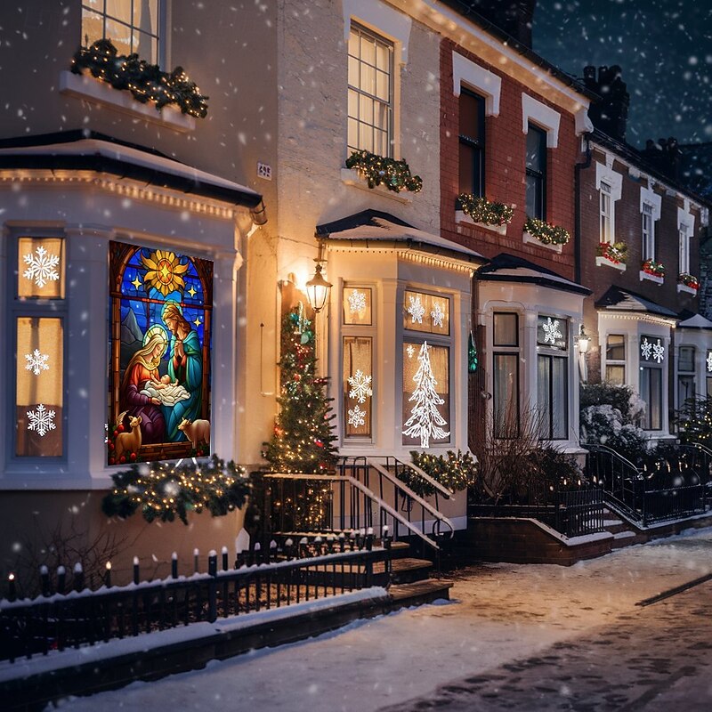 Christmas Window Cover Decorations, Fabric Stained Glass Nativity Scene Curtain Movie Poster Window Door Covering Decor for Christmas House, Window Clings Decals Indoor Outdoor3