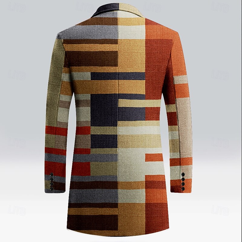 Men's Striped Winter Coat Fleece Jacket Overcoat Thermal Comfortable Business Casual Formal Daily Wear 3D Print Buttons Front Pocket Winter Turndown Long Sleeve Brown2