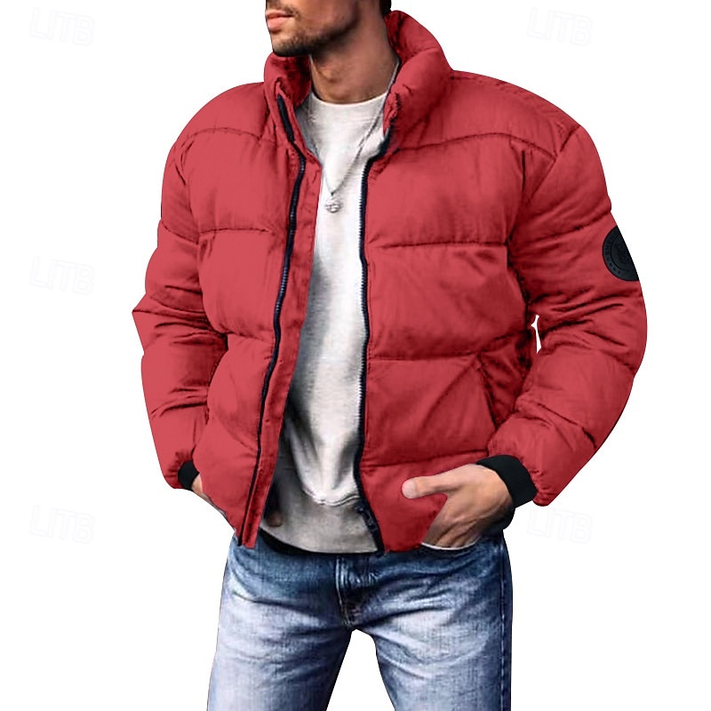 Men's Winter Coat Winter Jacket Puffer Jacket Cardigan Pocket Zipper Pocket Going out Casual Daily Hiking Windproof Warm Winter Pure Color Black Red Light Grey Army Green Puffer Jacket3