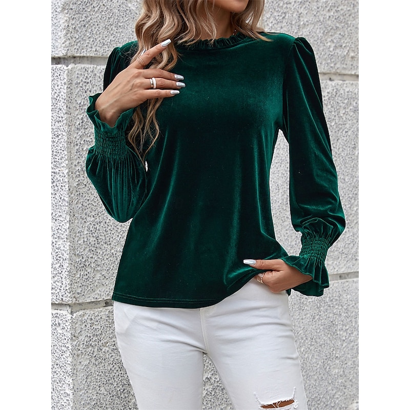 Women's Shirt Velvet Elegant Dressy Solid Color Basic Casual Long Sleeve Turtleneck Regular Tops Daily Green Fall Winter3