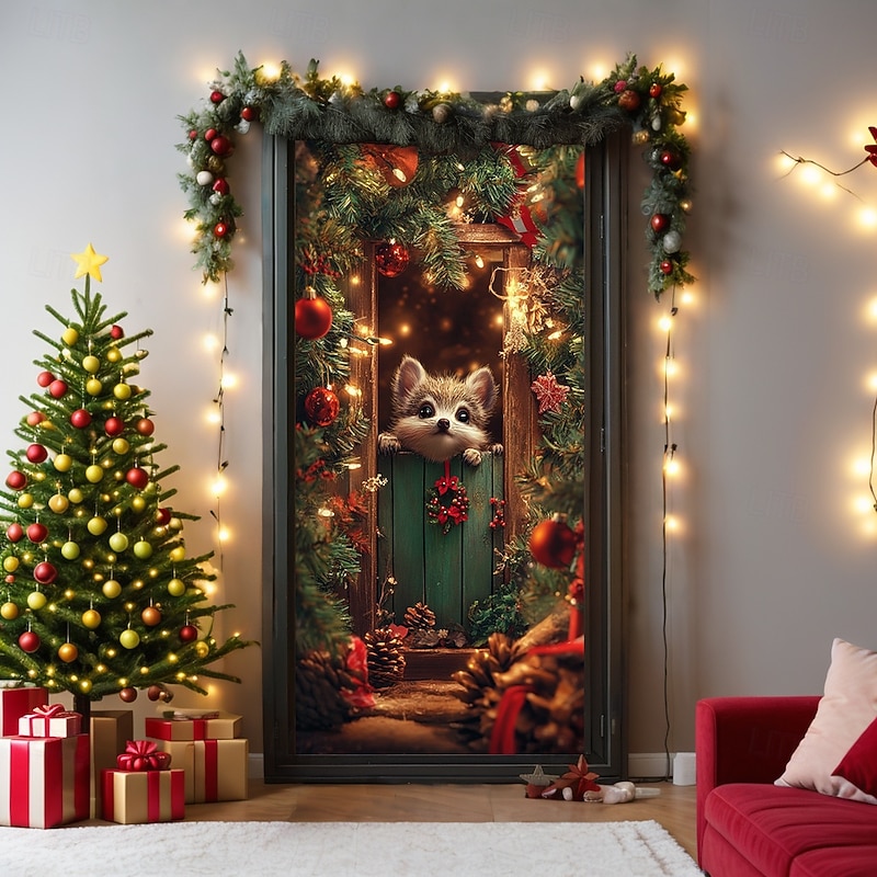 Christmas Door Decorations Door Covers Xmas Animal Door Tapestry Door Curtain Decoration Backdrop Indoor/Outdoor Door Banner for Front Door Farmhouse3