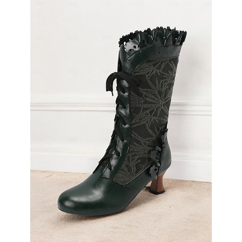 Women's Victorian Lace-Up Boots with Ruffled Trim and Floral Pattern – Gothic Vintage Style Ankle Boots for Cosplay and Costume Events