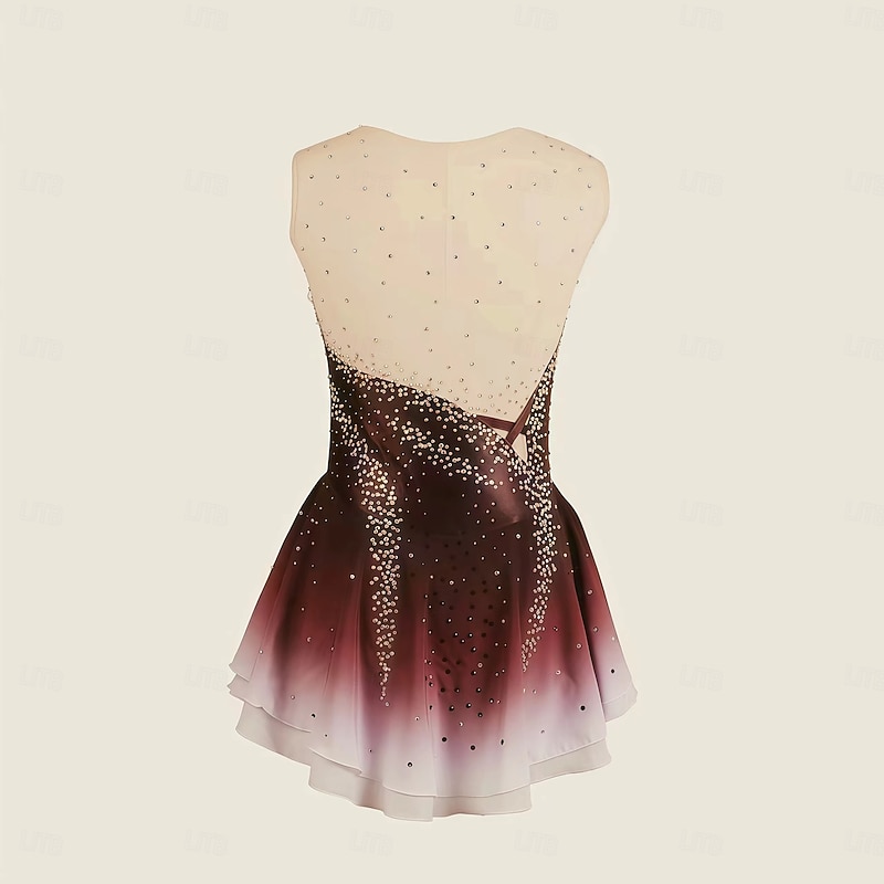 Figure Skating Dress Women's Girls' Ice Skating Dress Burgundy Dark Blue Halo Dyeing Mesh Spandex Stretchy Training Practice Professional Skating Wear Thermal Warm Classic Crystal / Rhinestone2