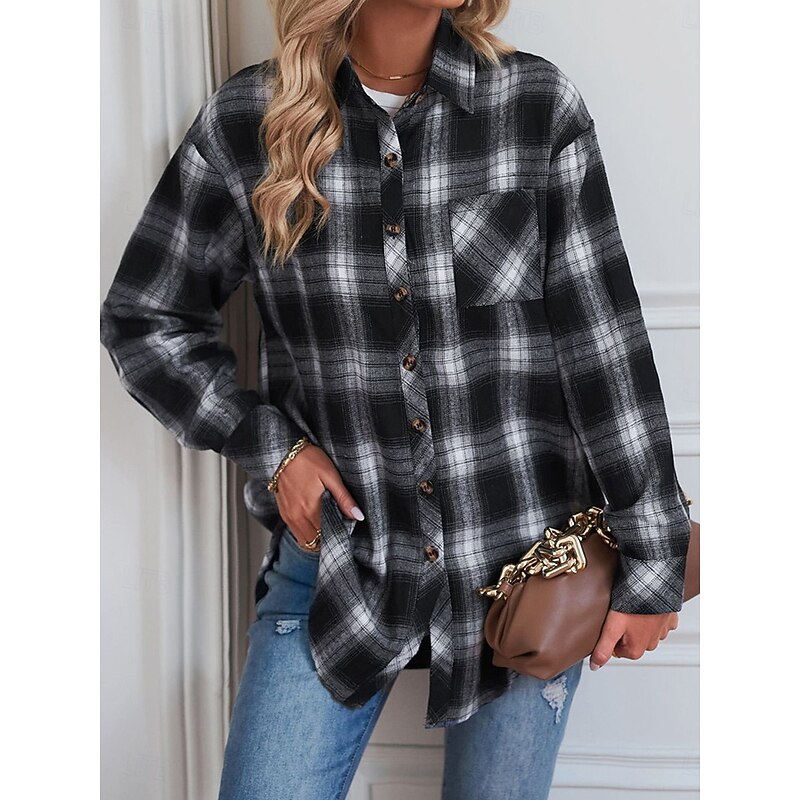 Women's Casual Jacket Outdoor Street Daily Wear Fall Winter Regular Coat Regular Fit Thermal Warm Breathable Stylish Casual Jacket Long Sleeve Stripes and Plaid with Pockets Print Black Red Green4