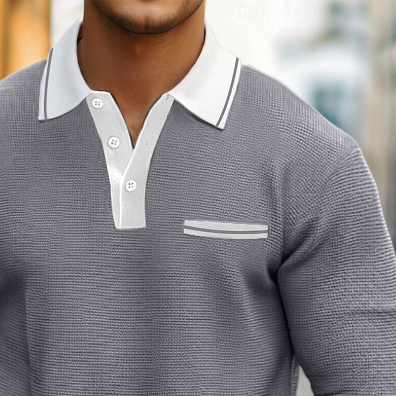 Men's Waffle Polo Shirts Polo Shirts Formal Business Ribbed Polo Collar Long Sleeve Fashion Solid Color Buttons Spring &  Fall Navy Blue Light Grey Army Green Waffle Polo Shirts2