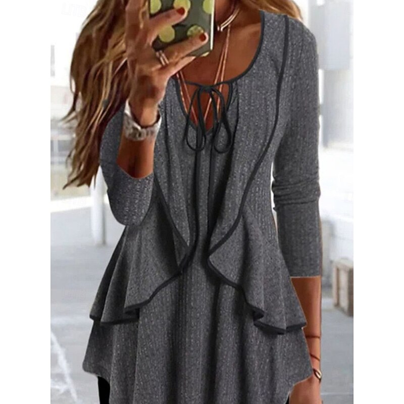 Women's Shirt Blouse Solid Color Basic Casual Long Sleeve V Neck Regular Tops Daily Ruffle Blue Green Gray Fall Winter