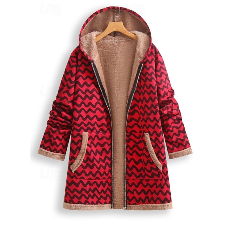 Women's Blazer Office Work Street Fall Winter Long Coat Loose Fit Thermal Warm Breathable Comtemporary Stylish Casual Jacket Long Sleeve Stripes and Plaid with Pockets Red