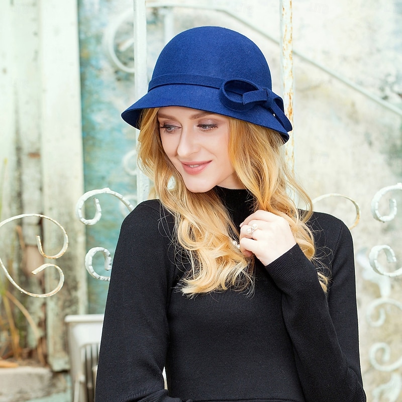 Hats 100% Wool Bowler / Cloche Hat Bucket Hat Fedora Hat Wedding Tea Party Elegant British With Bowknot Cap Headpiece Headwear