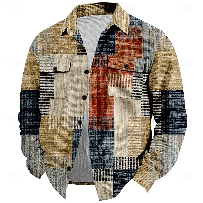 Men's Plaid Geometric Pattern Corduroy Shirt Shirt Jacket Overshirt Long Sleeve Vintage Business Casual Outdoor Dailywear Fall & Winter Turndown Collared Shirts Buttons 3D Print 2 Pockets 1pc Khaki