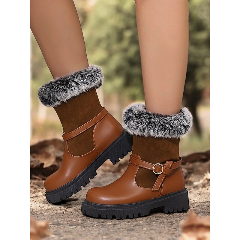 Women's Faux Fur Trim Winter Boots – Stylish and Warm Ankle Boots with Buckle Detail and Rugged Sole, Perfect for Outdoor Adventures in Cold Weather4