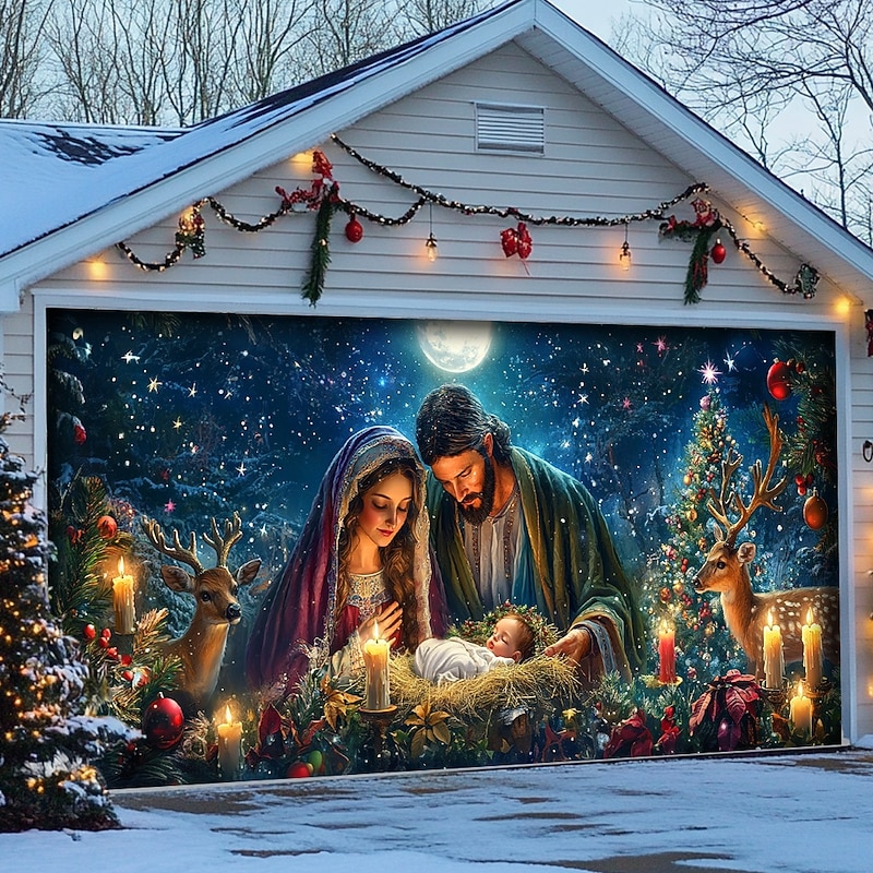Christmas Door Decorations Garage Door Cover Nativity Scene Xmas Outdoor Banner Large Christmas Backdrop for Holiday Garage Door Home Wall Decorations Christmas Drawing4