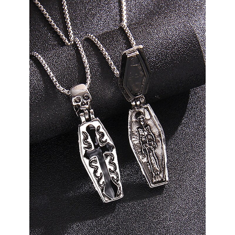 Gothic Skull and Coffin Cross Pendant Necklace – Stainless Steel Vintage-Style Amulet for Men2