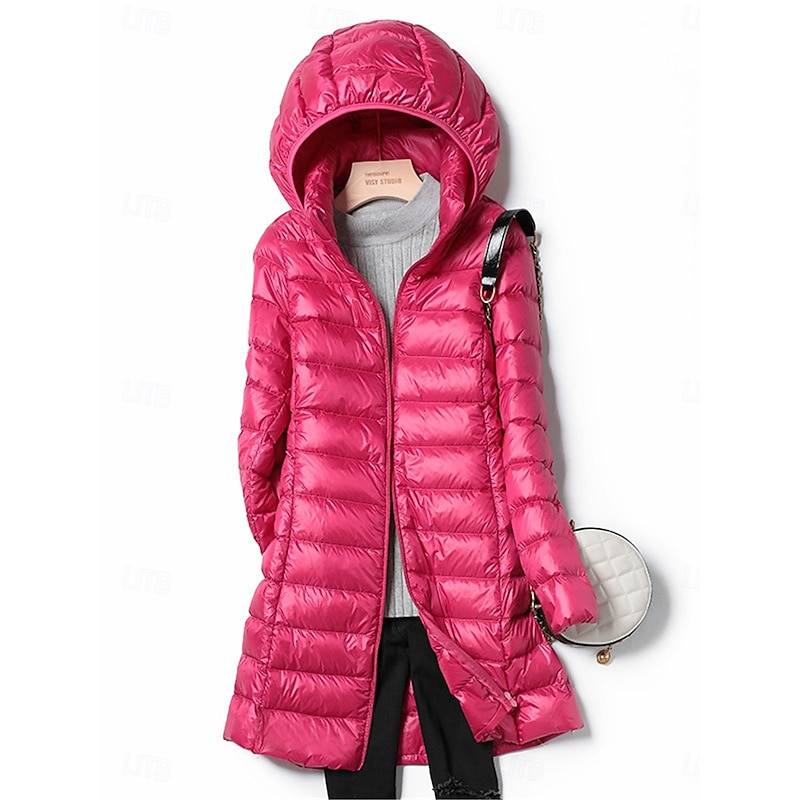 Women's Puffer Jacket Warm Breathable Zipper Pocket Casual Plain Vacation Street Daily Wear Going out Zipper Long Hoodie Regular Fit Long Sleeve Outerwear Wine Red Fuchsia Fall Winter