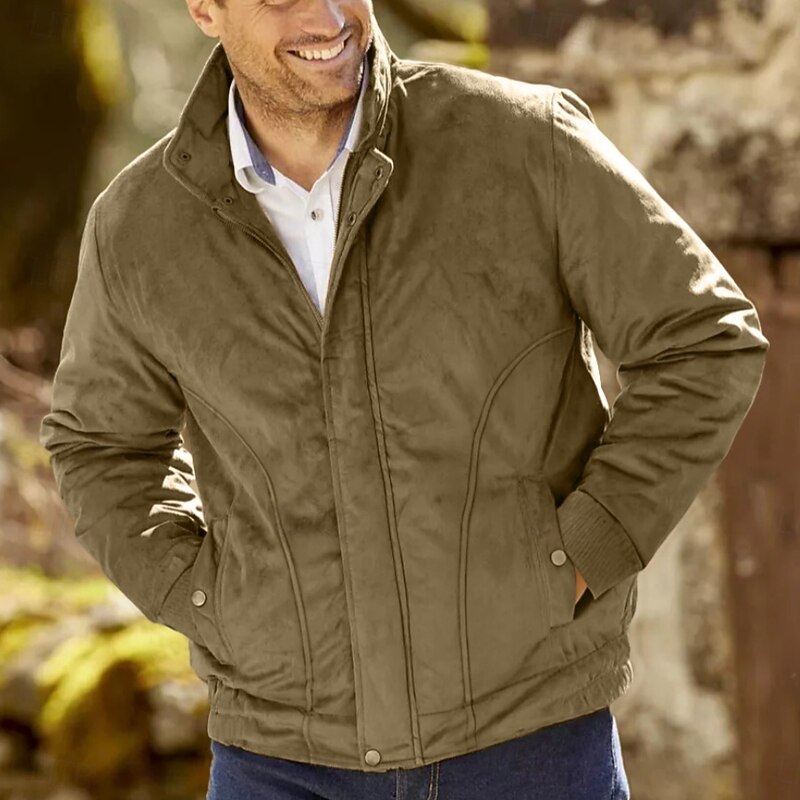 Men's Fleece Jacket Polar Fleece Faux Suede Jacket Home Office Windbreaker Pocket Winter Spring &  Fall Color Block Vintage Classic Style Regular Black Navy Blue Khaki Army Green Jacket