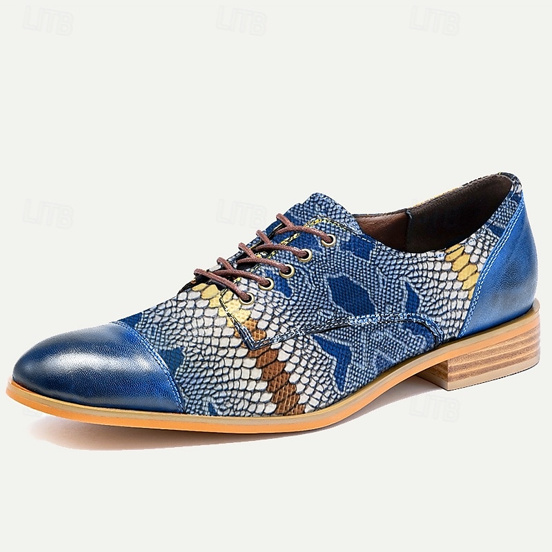 Men's Premium Cowhide Leather Oxford Shoes with Snake Print – Blue Casual Dress Shoes for Formal & Party Occasions3