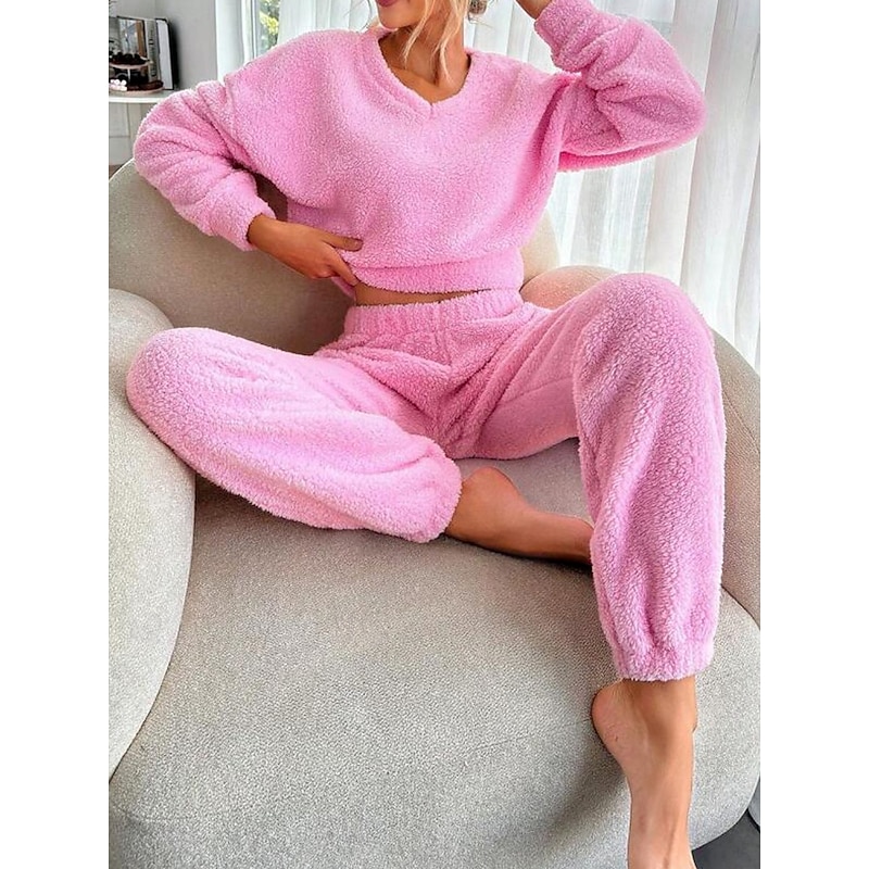 Women's Pajama Set 2 Pieces Print Comfort Home Daily Comfort Warm V Neck Long Sleeve Pullover Pant Spring Fall Home Outfits3