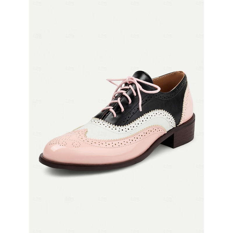 Women's Retro Pink and Black Oxford Shoes – Patent Faux Leather Lace-Up Brogues for Vintage Casual Style and Fashionable Outings4