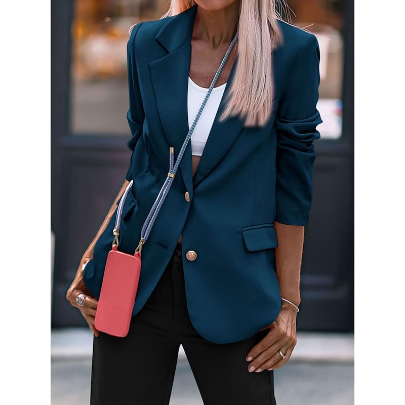 Women's Blazer Work Button Solid Color Comfortable OL Style Regular Fit Outerwear Long Sleeve Fall Black S3