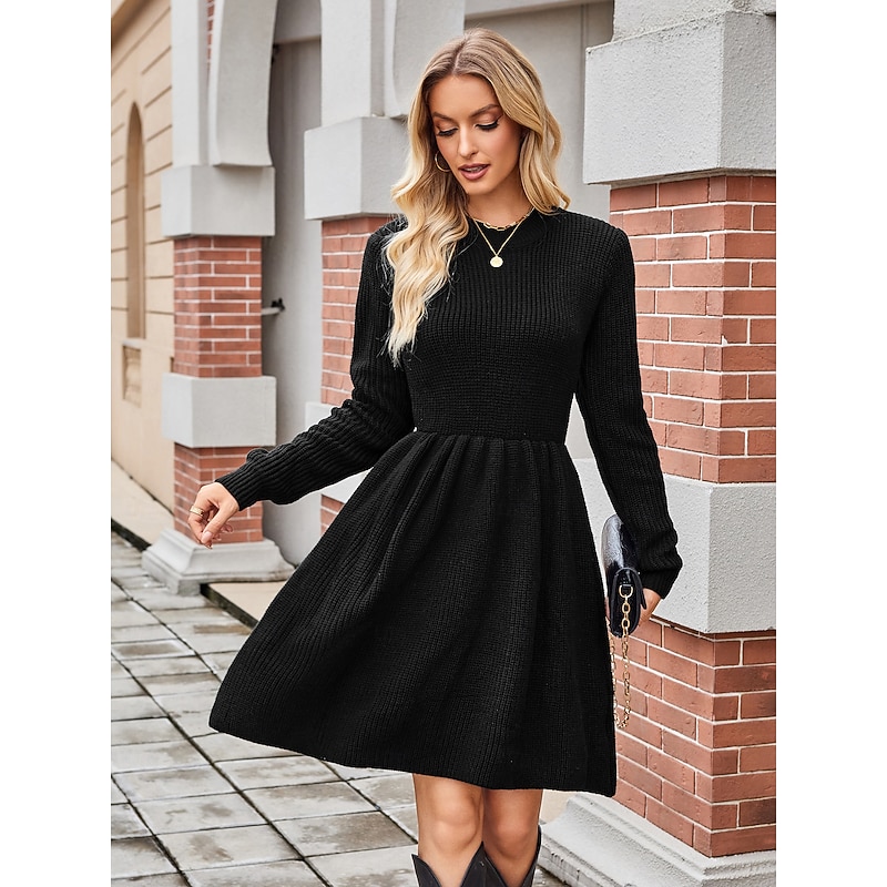 Women's Sweater Mini Dress Crew Neck Knit Knitted Fall Winter Party Elegant Fashion Daily Long Sleeve Solid Color Black Khaki