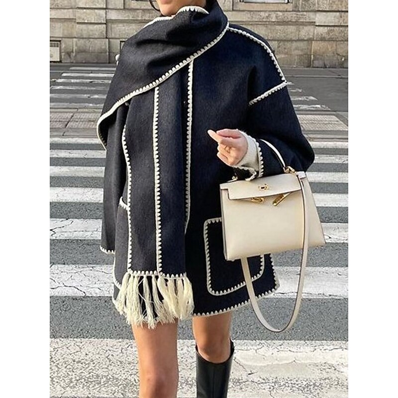Women's Winter Coat Outdoor Street Daily Wear Fall Winter Regular Coat Regular Fit Thermal Warm Breathable Stylish Casual Jacket Long Sleeve Plain Tassel Fringe with Pockets Black White Khaki