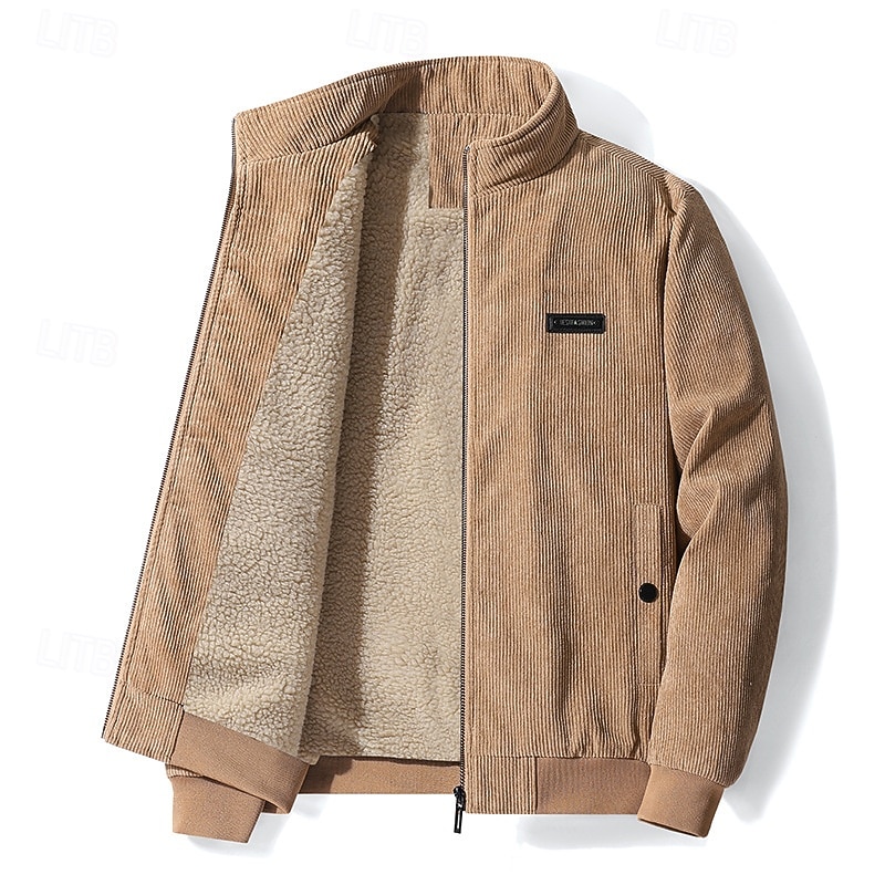 Men's Winter Jacket Corduroy Jacket Fleece Jacket Casual Jacket Daily Vacation Thermal Warm Pocket Fleece Fall & Winter Plain Fashion Streetwear Stand Collar Regular Black Yellow Army Green Gray