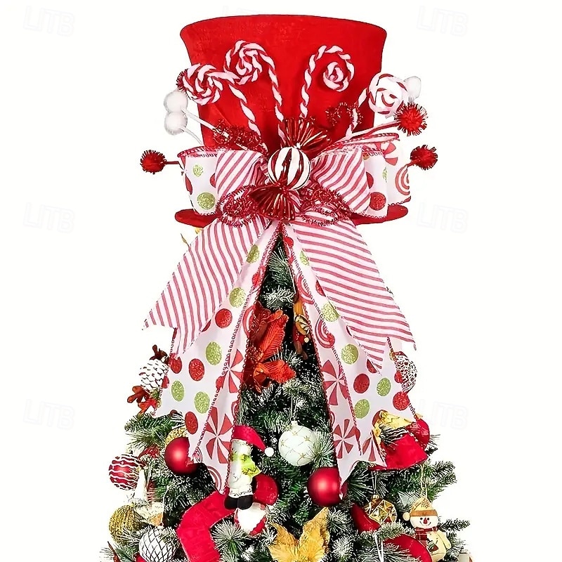 Classic Red Polyester Christmas Tree Topper with Candy Stick Bow - Perfect for Holiday Decor Indoor & Outdoor Use2