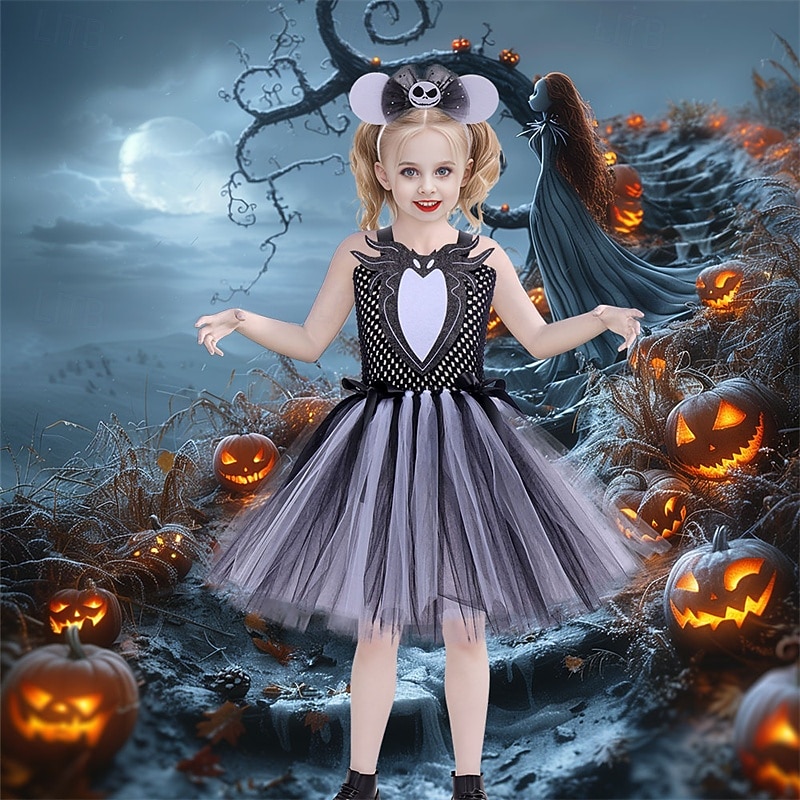 Kids Girls' Cosplay Dress Party Dress Color Block Sleeveless Performance Halloween Party Mesh Patchwork Beautiful Sweet Polyester Knee-length Party Dress A Line Dress Tulle Dress Summer 4 years+ Gray2